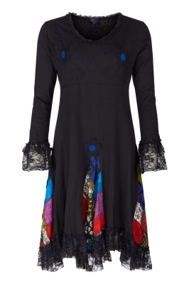 Revived black boho style dress with patchwork and lace
