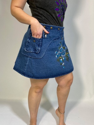 Short blue denim wrap skirt