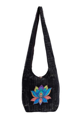 Rainbow lotus flower black shoulder bag